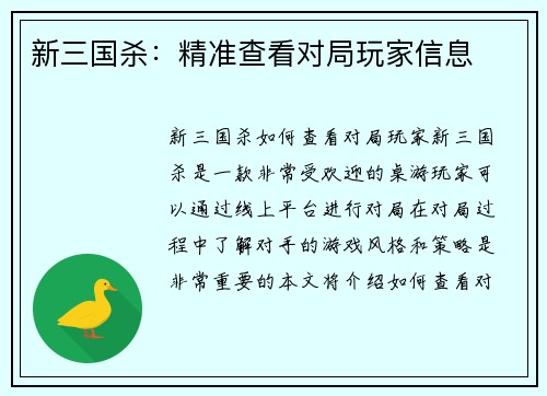 新三国杀：精准查看对局玩家信息