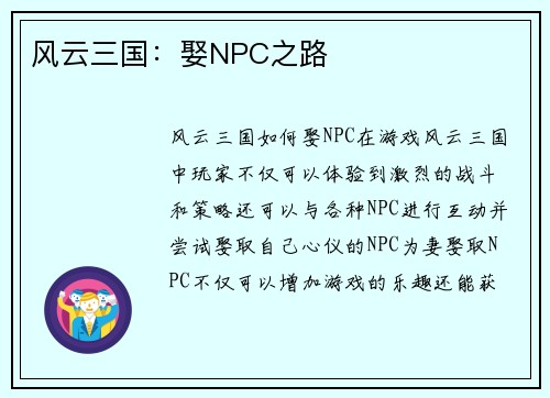 风云三国：娶NPC之路